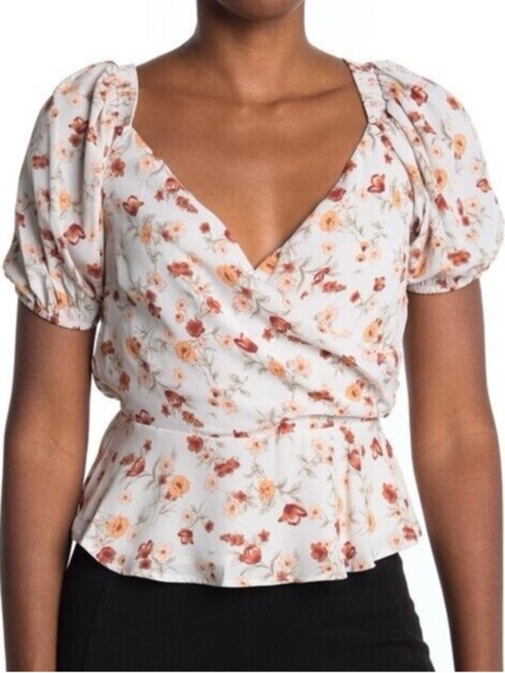 ASTR the label Taupe-Rust Floral Wrap Peplum Top XL